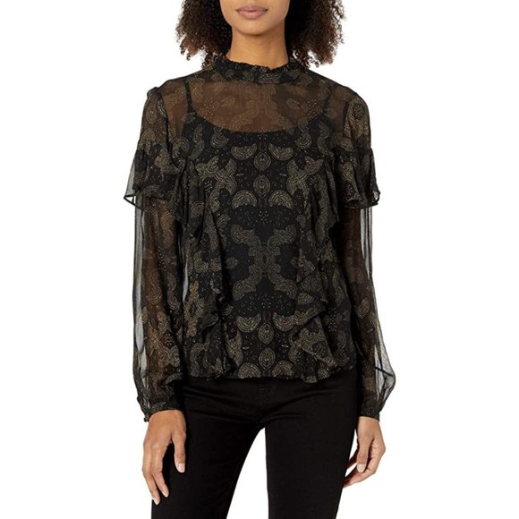 Lucky Brand Sheer Ruffle Blouse Black and Gold NWOT - Picture 1 of 13